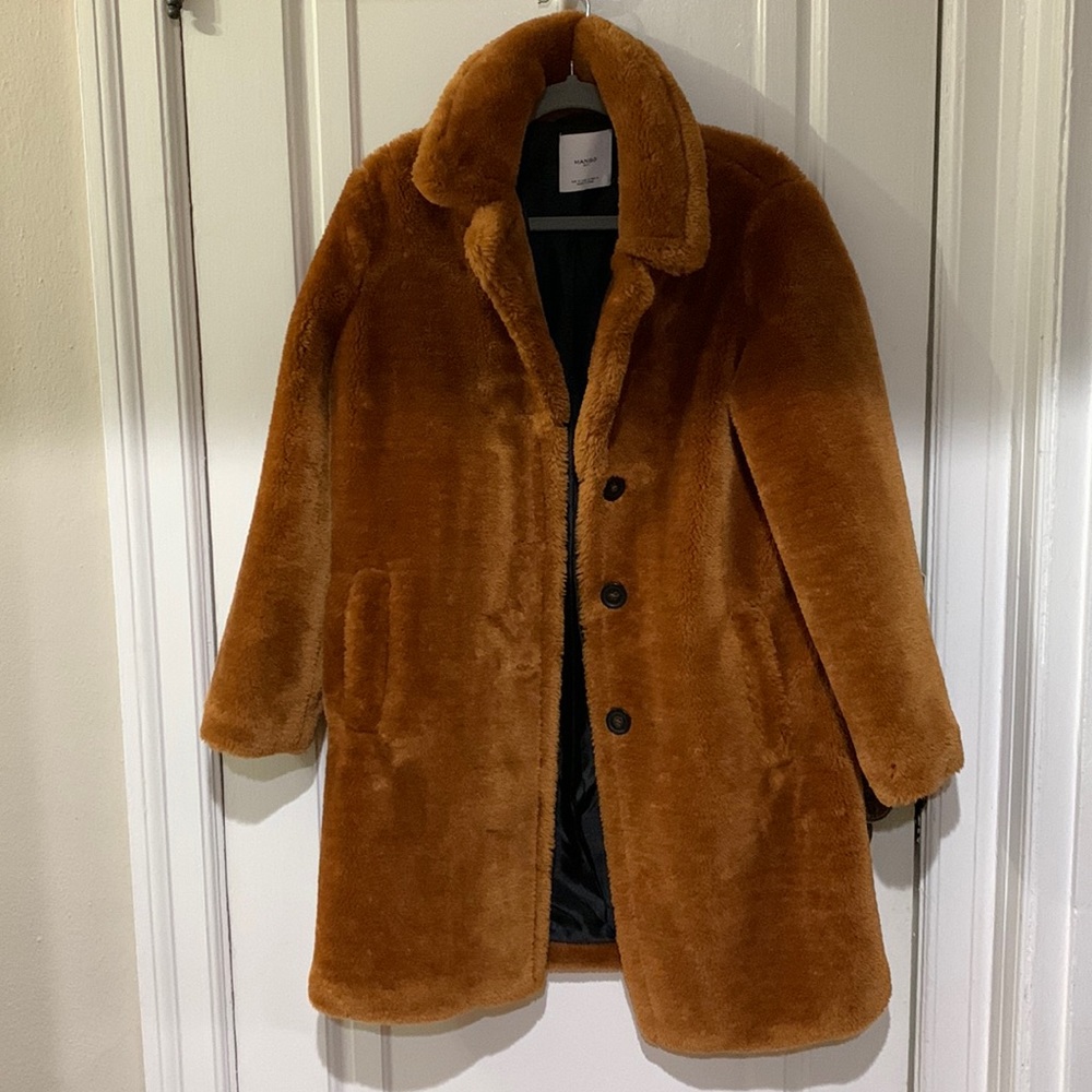 MANGO Faux fur teddy coat - cognac brown size small
